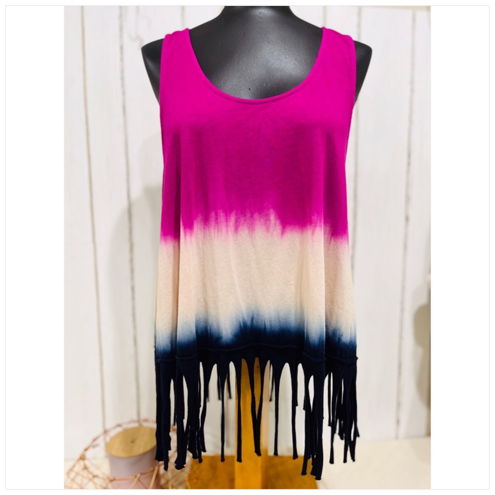 Fuchsia, Creamy White& Blue Tie-dyed Tank w/Tassel Hemline, XL